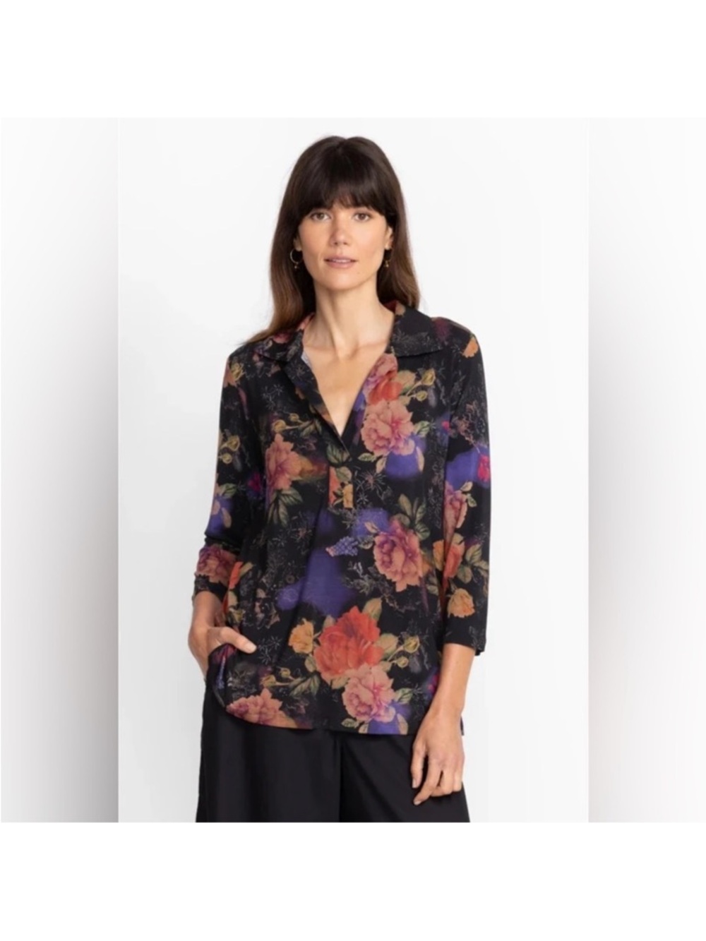 Johnny Was Black Floral swing polo tunic XXL